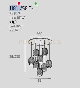 Sospensione ottone sat. 8 luci tonda vetri 4x tr + 4x am 1181os-s8 ...