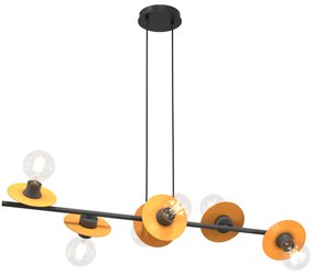 Lampadario 6 Luci Eos In Acciaio Nero E Arancio Con Barra E Diffusori A Piatti