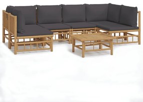 Set salotto da giardino 7pz con cuscini grigio scuro bambù