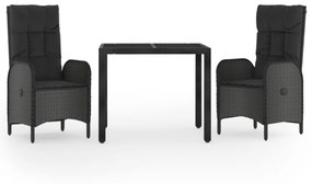 Set da pranzo da giardino 3 pz con cuscini nero in polyrattan