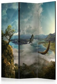 Paravento separè Volo sul lago (3-parti) - paesaggio tra alberi e montagne