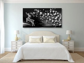 Quadro su tela – Splendido cervo con farfalle in bianco e nero
