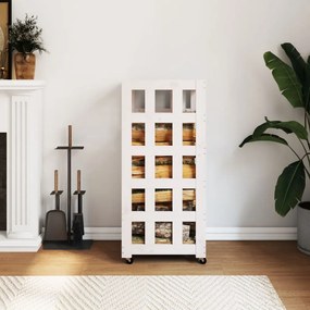 Portalegna Con Ruote Bianco 40x49x110 Cm Legno Massello Di Pino /