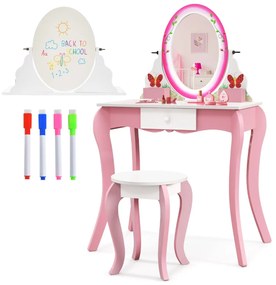 Costway Set di tavolo da toeletta e sgabello per bambini, Toeletta trucco con specchio girevole e lavagna Bianco e rosa