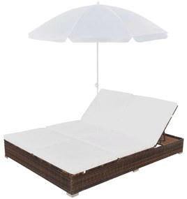 Lettino prendisole con ombrellone in polyrattan marrone