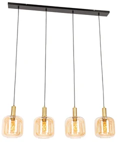 Lampada a sospensione di design nera con ottone e vetro ambrato a 4 luci - Zuzanna