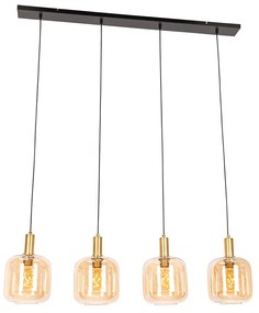 Lampada a sospensione smart nera con ottone e vetro ambrato 4 luci incl. 4 Wifi G95 - Zuzanna