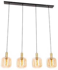 Lampada a sospensione di design nera con ottone e vetro ambra a 4 luci - Zuzanna