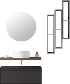 Mobile Bagno Sospeso 80 Cm Con Cassettone Antracite Mensola Rovere Lavabo E Specchio Aurora