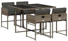 Set da pranzo da giardino 5 pz con cuscini in polyrattan grigio
