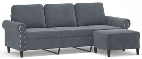 Divano a 3 posti con poggiapiedi grigio scuro 180 cm in velluto