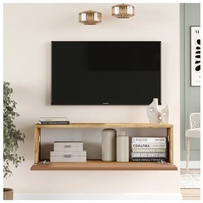 Mobile TV Sospeso 100x32x30 Rosso E Rovere Effetto Legno Con Vano Frame