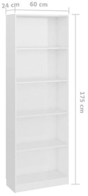 Libreria 5 Ripiani Bianco Lucido 60x24x175 cm Legno Multistrato