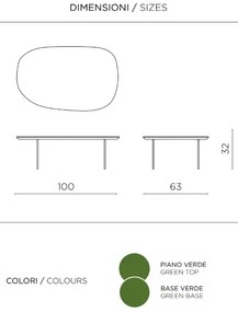 Tavolino con piano sagomato in legno Verde e base in metallo - FLUX Large