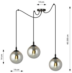 Lampadario 3 Luci Ginevra In Acciaio Nero Con Cavo Lungo E Vetri Fumè