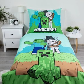 Set copripiumino e federa da bambini verde/blu in cotone per letto singolo 140x200 cm Minecraft "Mobs Here" – Jerry Fabrics
