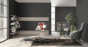 Parete attrezzata con maniglie a gola e libreria con montanti disponibile in vari colori