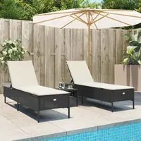 Set Lettini Prendisole con Cuscini 3pz Nero in Polyrattan 3284263