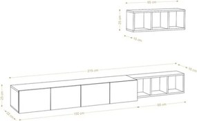 Mobile Porta TV Sospeso 215 Cm Bianco Con Mensole Effetto Legno Pia