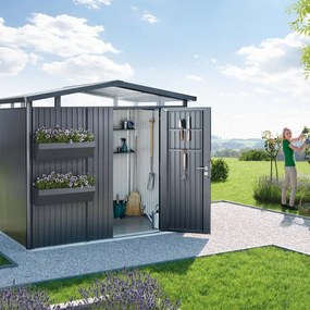 Casetta da giardino BIOHORT in acciaio Panorama P1 grigio scuro con porta battente semplice, superficie totale 4.31 m² e spessore parete 0.5 mm