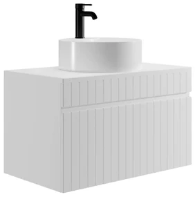 Mobile per bagno sospeso scanalato con lavabo tonda da appoggio 80 cm Bianco - SATARA