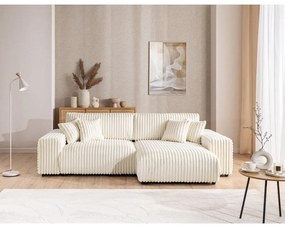 Divano angolare con penisola a destra color crema e rivestimento in velluto a coste allungabile e con contenitore Sarina – Ropez