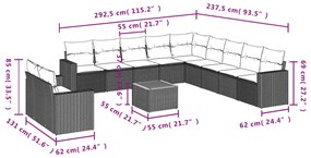 Set divani da giardino 12 pz con cuscini nero in polyrattan