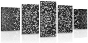 Quadri 5 pezzi – Mandala con motivo astratto in bianco e nero