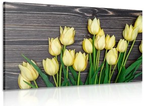 Quadro su tela – Incantevoli tulipani gialli su sfondo di legno