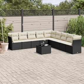 Set divani da giardino 10pz con cuscini in polyrattan nero