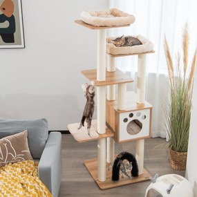 Costway Albero tiragraffi per gatti con 2 trespoli in tessuto felpato arco massaggiante, Albero per gatti alto Beige