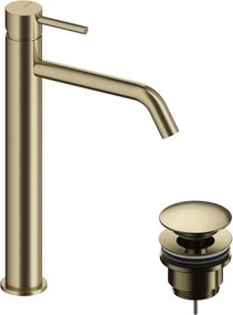 Rubinetto per lavabo collo alto LOOP oro spazzolato lucido SANYCCES con piletta