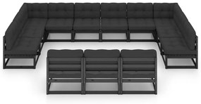 Set divani da giardino 13 pz con cuscini massello di pino nero