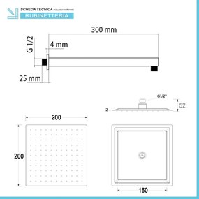 Set doccia quadrato cromo braccio 30 cm + soffione 20x20 cm acciaio inox