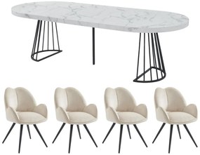 Set tavolo FIRELA + 4 sedie GULSUN Effetto marmo Bianco e Beige