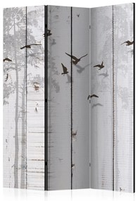 Paravento separè Uccelli sulle tavole (3 pezzi) - legno grigio e animali tra gli alberi