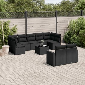 Set divani da giardino 10pz con cuscini in polyrattan nero