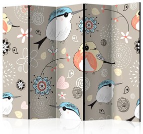 Paravento design Modello con uccelli II (5 parti) - composizione colorata con fiori