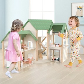 Costway Casetta delle bambole ad angolo in legno, Casa delle bambole con tetto verde con 36 mobili e accessori Verde