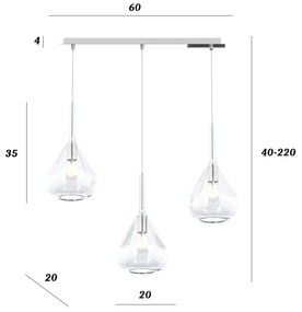 Sospensione Contemp Rett Kona Metallo Cromo Vetro Trasparente 3 Luci E27