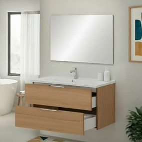 Mobile bagno sospeso 100cm rovere con cassetti lavabo e specchio Elva