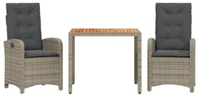 Set da pranzo da giardino 3 pz con cuscini in polyrattan grigio