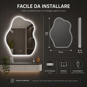 Specchio Forma Ondulata da Parete 50x70cm con LED 3 Colori Accensione Touch...