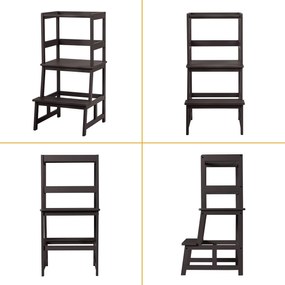 Costway Sgabello a gradini per bambini con barriera di sicurezza, Sgabello multiuso da cucina in solido bambù Marrone