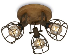 Plafoniera Vintage Korbo Metallo Ruggine Legno 3 Luci E27 Ip20