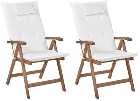 Set di 2 sedie da giardino legno di acacia scuro con cuscini bianco sporco AMANTEA Beliani