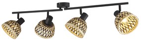 Plafoniera Industrial-Nordico Lancia Acciaio Nero Legno Marrone 4 Luci E14