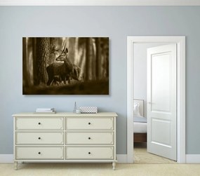 Quadro su tela – Cervo nella foresta di pini in seppia