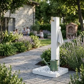 Fontana da Giardino con Rubinetto in Ottone e Base con Ciottoli 40x40x97 cm in Acciaio Bianco...