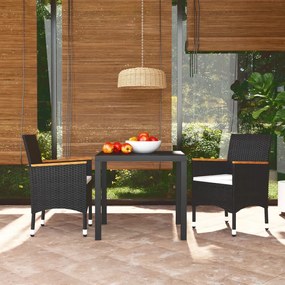 Set da pranzo per giardino 3 pz con cuscini polyrattan nero